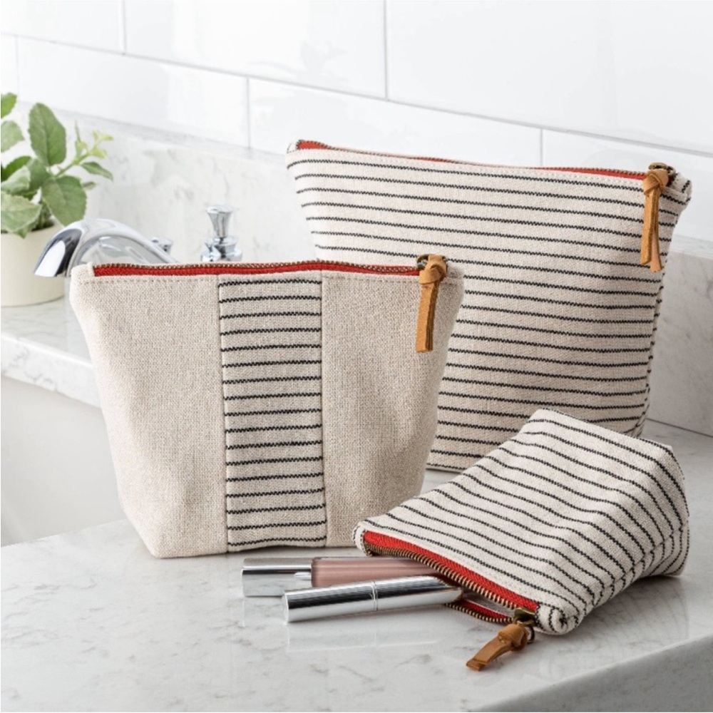 HEARTH & HAND NWT 3pc zippered companies striped travel bags -sour cream/jet gra